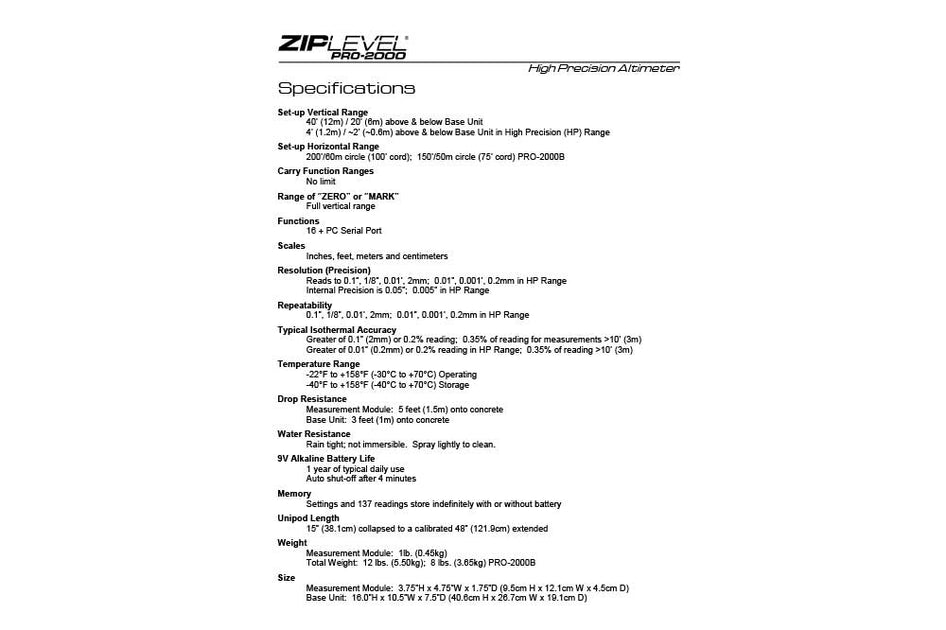 Ziplevel Pro-2000 Ziplevel Measurement Tool Precision Altimeter