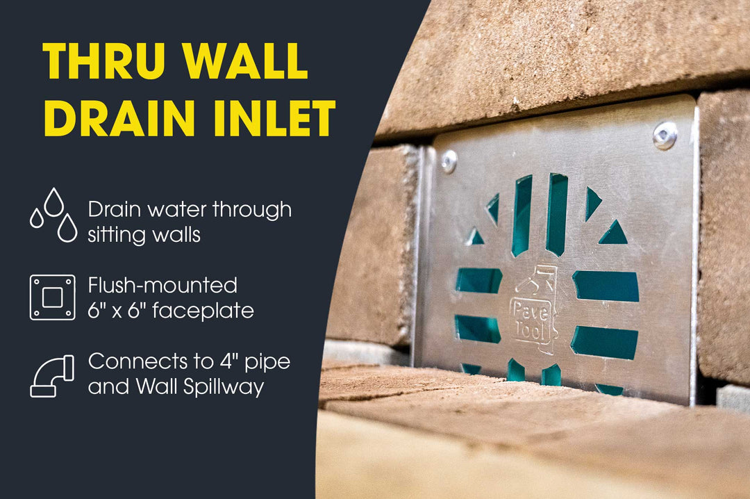 A metal through-wall drain inlet mounted on a stone wall, with text callouts describing its features: draining water through sitting walls, flush-mounted 6" x 6" faceplate, and connection to 4" pipe and wall spillway.