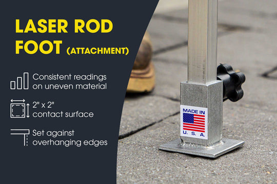 Laser rod foot attachment shown on a concrete surface, with a dark informational panel on the left reading 'LASER ROD FOOT (ATTACHMENT)' and feature icons. A small 'MADE IN U.