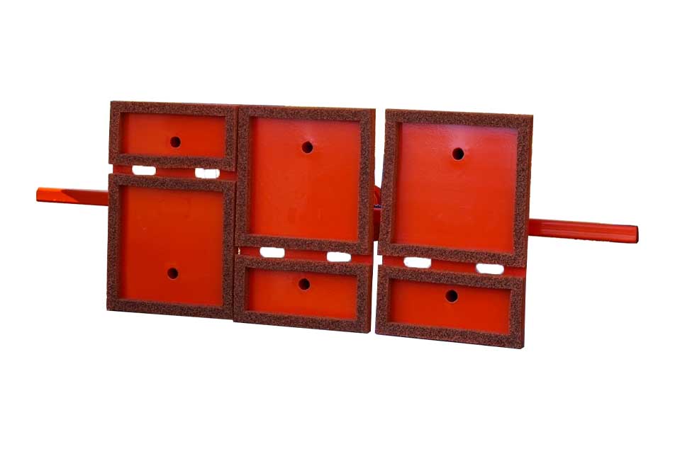 Red and brown rectangular objects on a white background