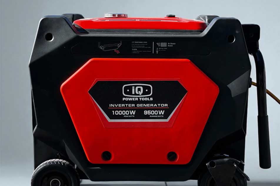 Red and black inverter generator with IQ Power Tools branding on a gray background