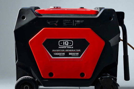 Red and black inverter generator with IQ Power Tools branding on a gray background