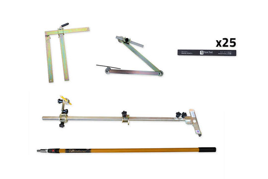 Set of measuring tools including a tape measure, protractor, with branding on a white background.