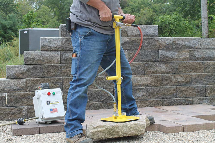 Pave Tool's ES T-Handle Batter Package D1 comes with the T-handle system and the battery pack along with the hose.  This picks Natural stone, West Cast, Slabs, Pavers, T-Handle, 6x6 Pad, 10x10 Pad, Power Pack, 2 Batteries & 1 hour Quick Charge, 25' Hose, Quiet, No Compressor Needed, No bending Over, Suction Equipment
