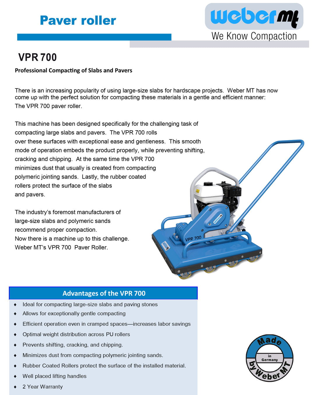 Weber VPR 700 Paver Roller Specification Sheet