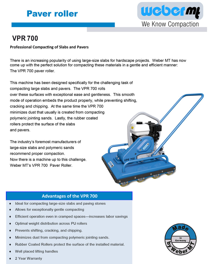 Weber VPR 700 Paver Roller Specification Sheet